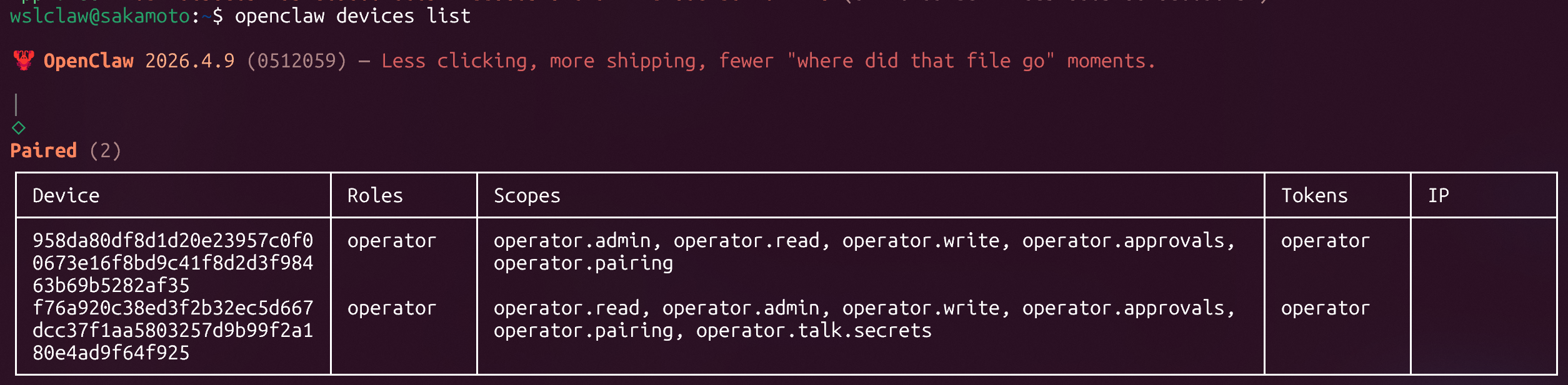 openclaw devices list