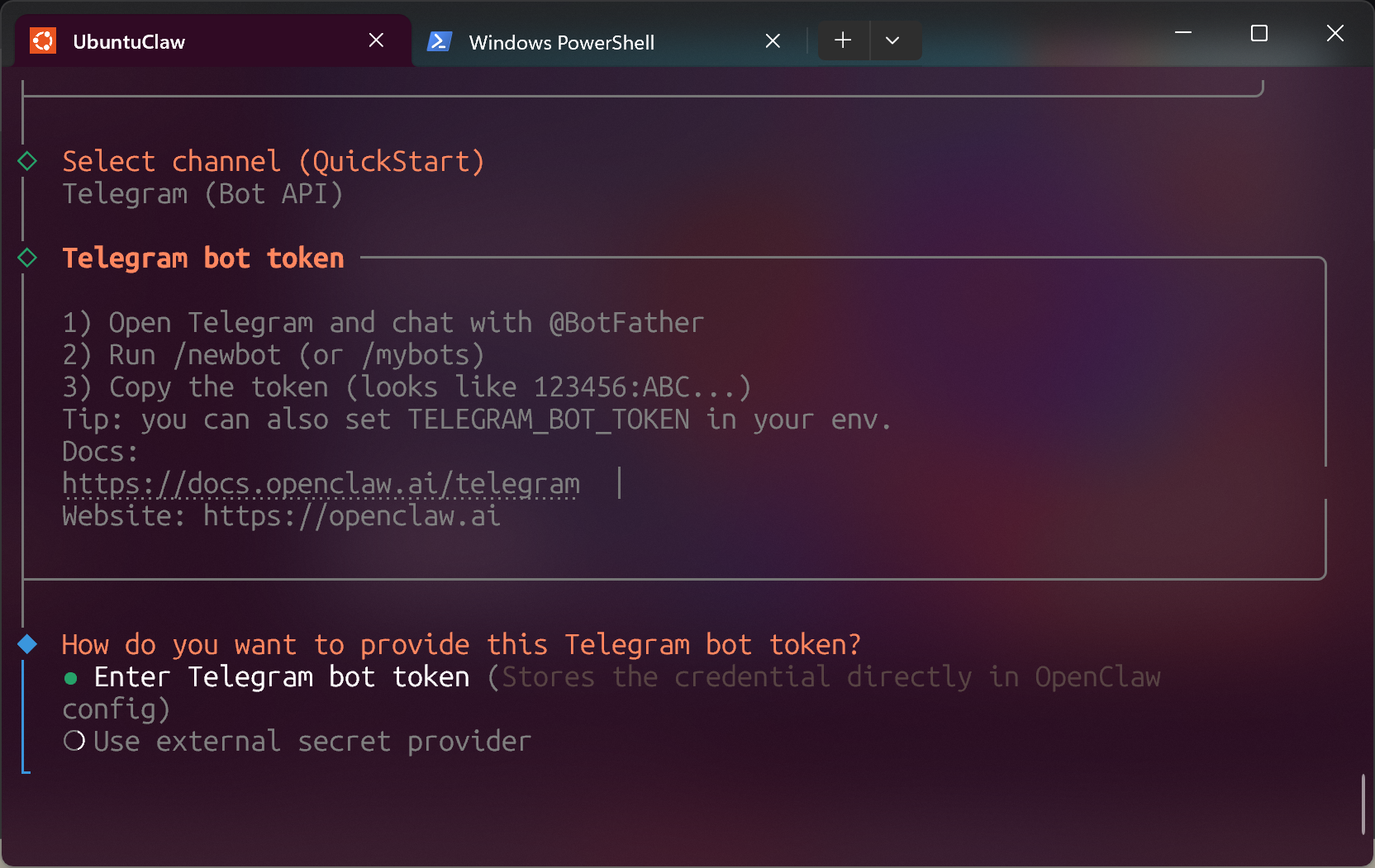 openclaw telegram token